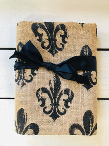 Fleur-de-lis stamped burlap fabric