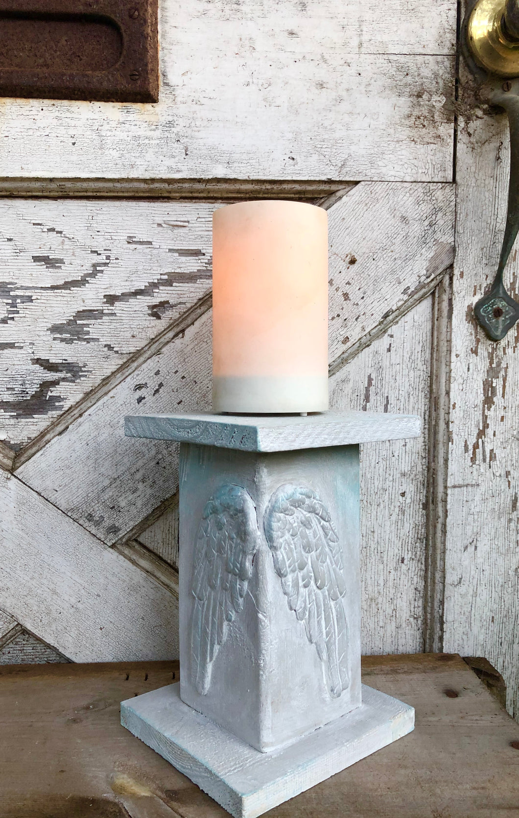 Wooden Candlestick/Riser adorned with angel wings