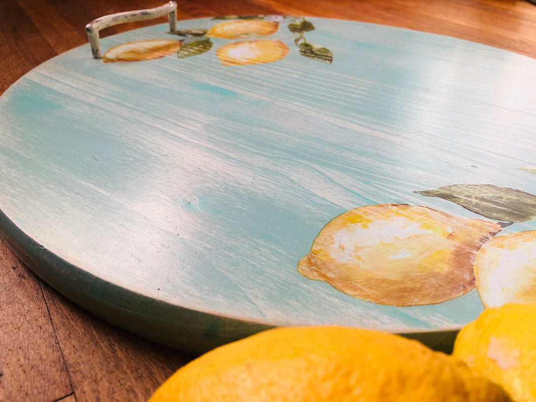 Wooden serving tray with lemon accents