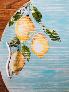 Wooden serving tray with lemon accents