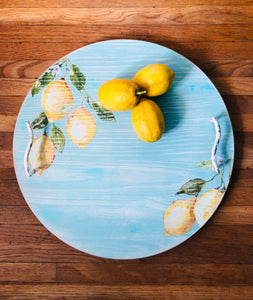 Wooden serving tray with lemon accents