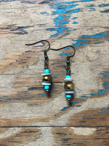 seashell, turquoise and bronze crystal beaded dangling earring