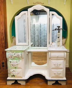 White hand painted wooden vanity with floral accents (Furniture)